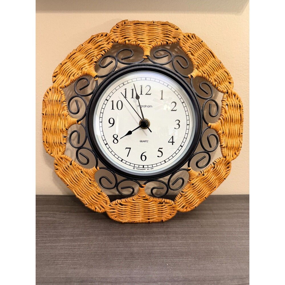 Vintage 1998 Ingraham Quartz Wall Clock Woven Rattan Style Scroll Decor 11in